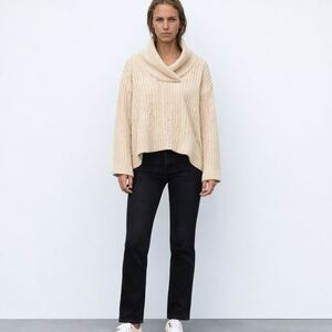 Zara Cream Cable-Knit Sweater | Cozy Chunky Ribbed Cowl Shawl Collar Oversized